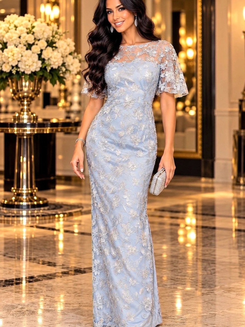 JS Collections Brooke Embroidered Column Gown Floral Maxi in Blue